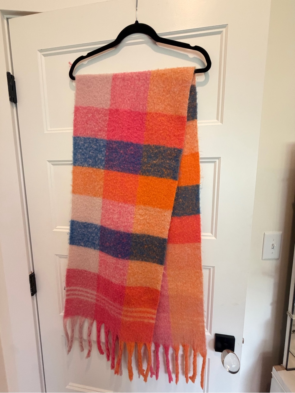 Cozy Multi-Color Check Fringe Throw Blanket - Pink, Orange & Blue